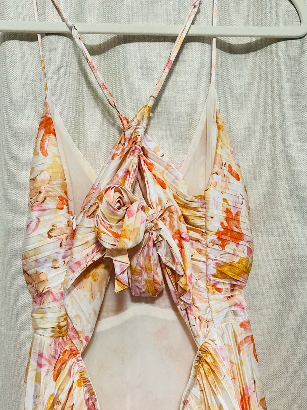 Astr Floral Pleated Spaghetti-Strap Mini Dress in Cream, Orange & Pink - Picture 5 of 6